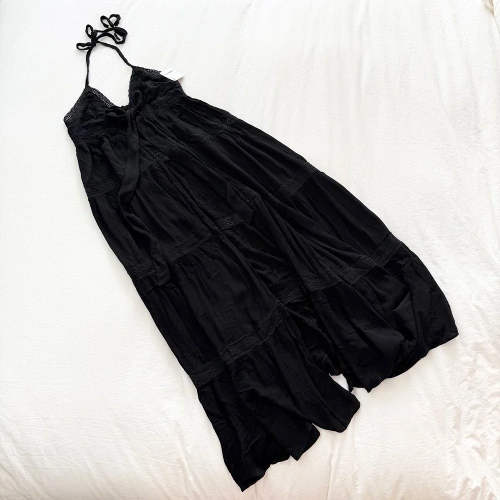 Free People Lorelai Maxi Top Black Open Front Halter Cover Up XS NWT